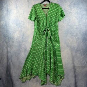 Vince Camuto Green Striped Tie Front Handkerchief Hem Midi Dress Womens 2
